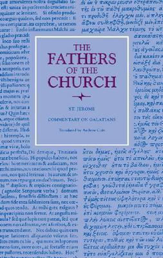 De tekst 'The Fathers of the Church', 'St. Jerome', 'Commentary on Galatians' op een blauwe achtergrond met Latijnse tekst.