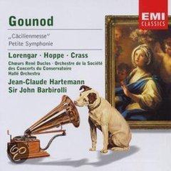 CD-hoes Gounod Cäcilienmesse met klassiek schilderij, een hond en een grammofoon, EMI Classics logo.