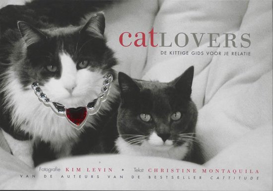 Twee katten, een zwart-witte met een hartvormige ketting en een grijze, op een crèmekleurige achtergrond. Titel: catLOVERS.