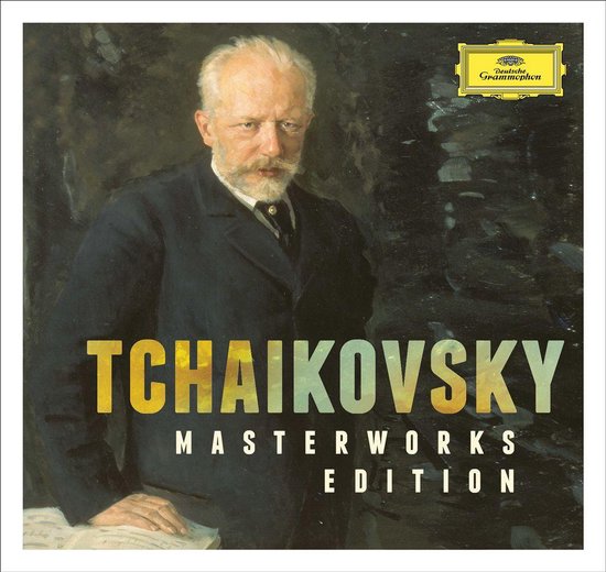 Albumhoes met portret van Tchaikovsky in donker kostuum, met de tekst Tchaikovsky Masterworks Edition.