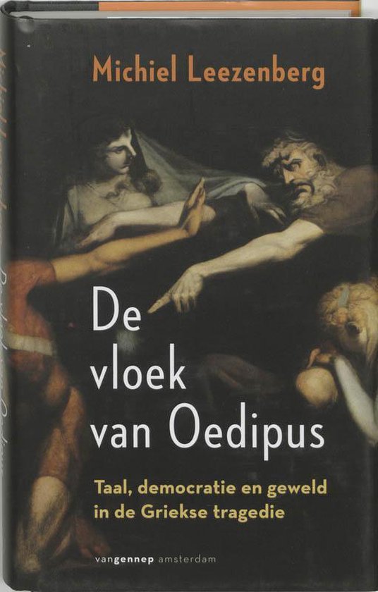 Boek "De vloek van Oedipus" van Michiel Leezenberg met een schilderij van figuren.