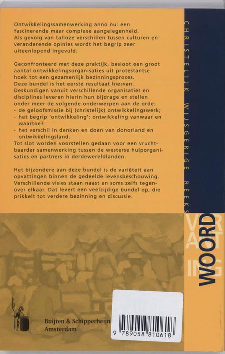 Boekomslag met tekst over ontwikkelingssamenwerking. Barcode onderaan.
