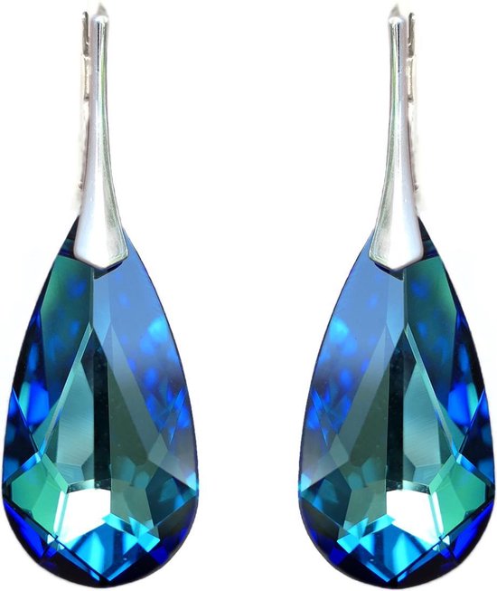 DBD - Zilveren Oorbellen - Druppel - Swarovski Kristal Elements - Bermuda Blauw - 24MM - Anti Allergisch