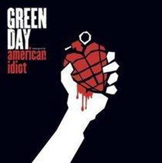Green Day presenteert American Idiot, met een bloederende granaat in een witte hand tegen een donkere achtergrond.