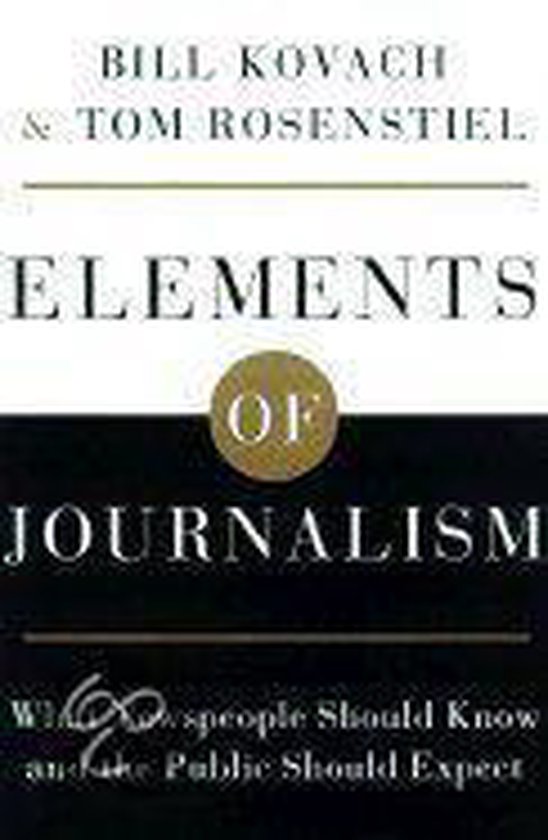 Boek met de titel 'Elements of Journalism' in witte letters op een zwarte achtergrond.