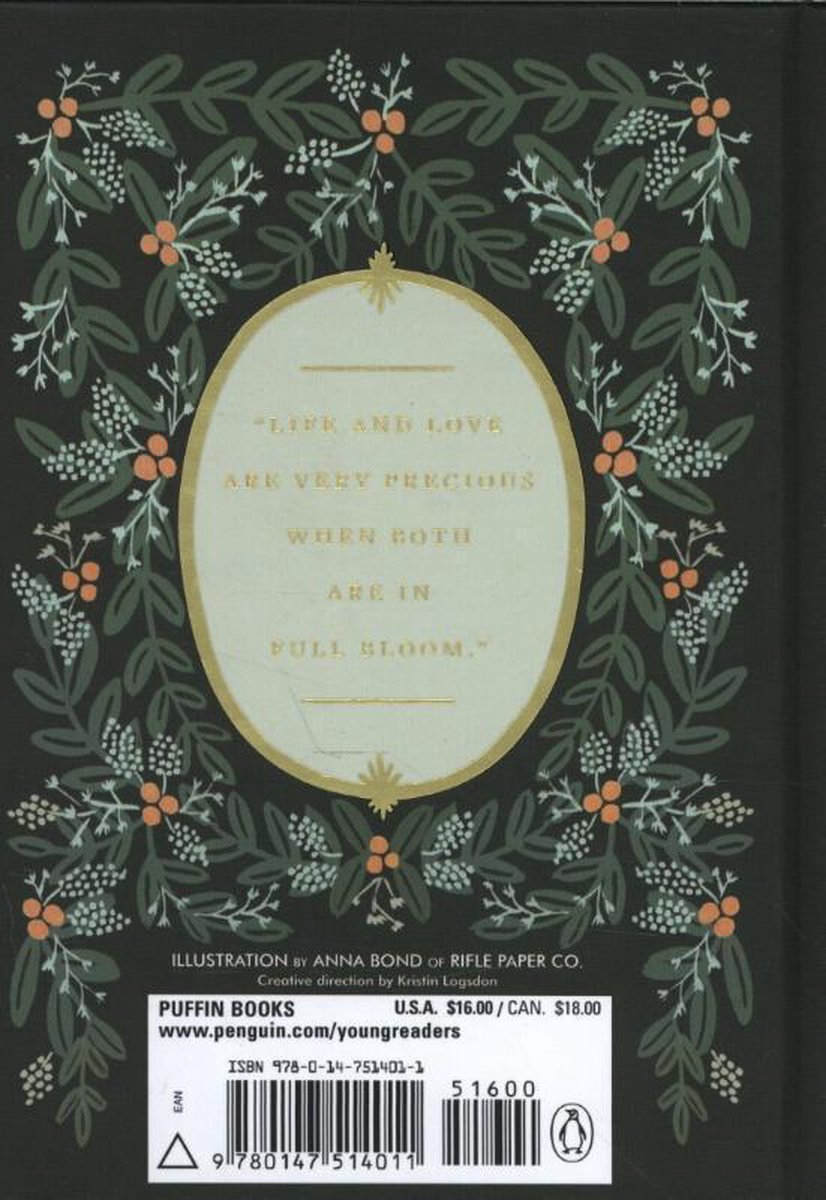 Achterkant van het boek "Little Women" met een plantenpatroon, een citaat in het midden en informatie over de uitgever en ISBN.