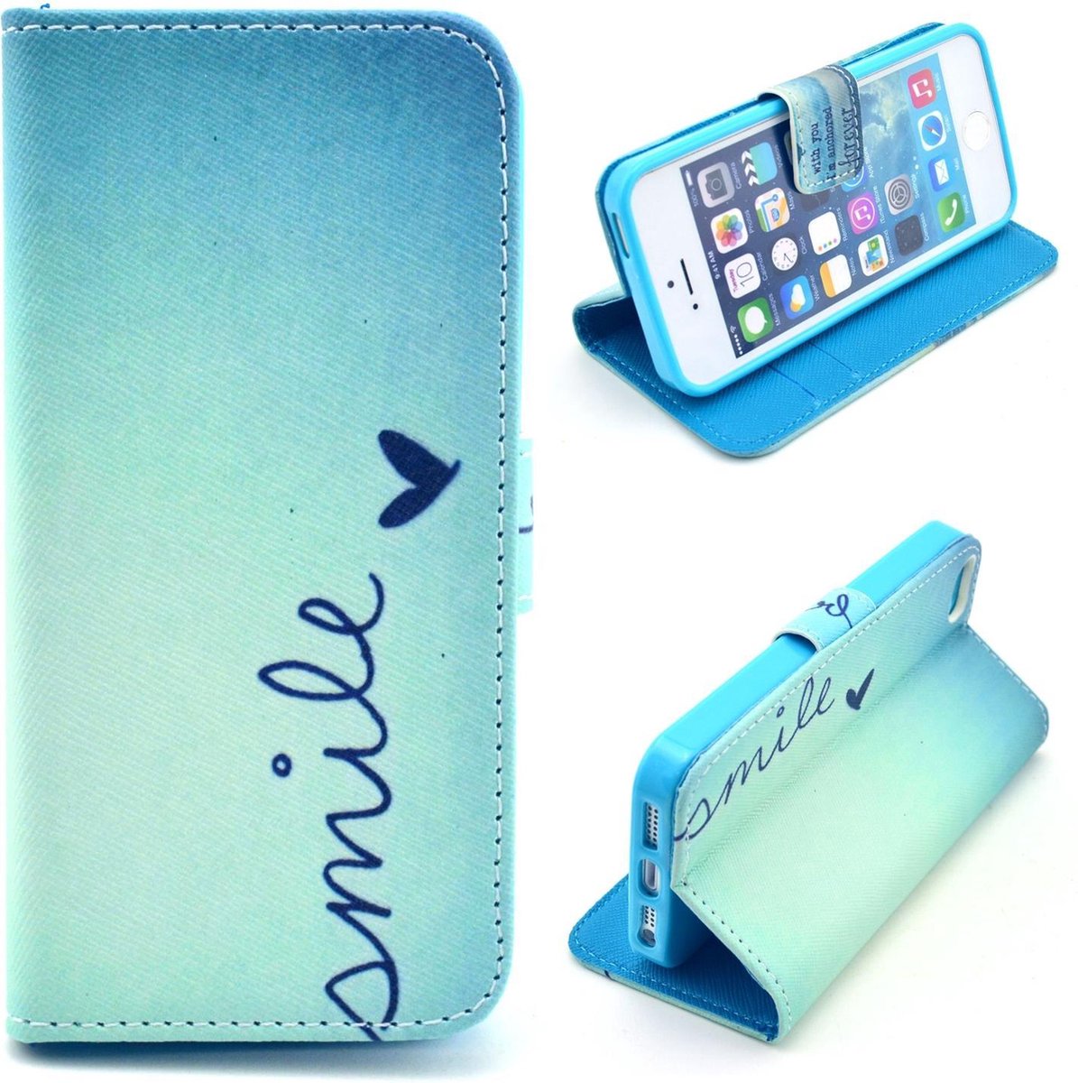 Casify - Blauw Smile 3 Faux Leren Wallet Case Hoesje - geschikt voor iPhone 5 / 5s