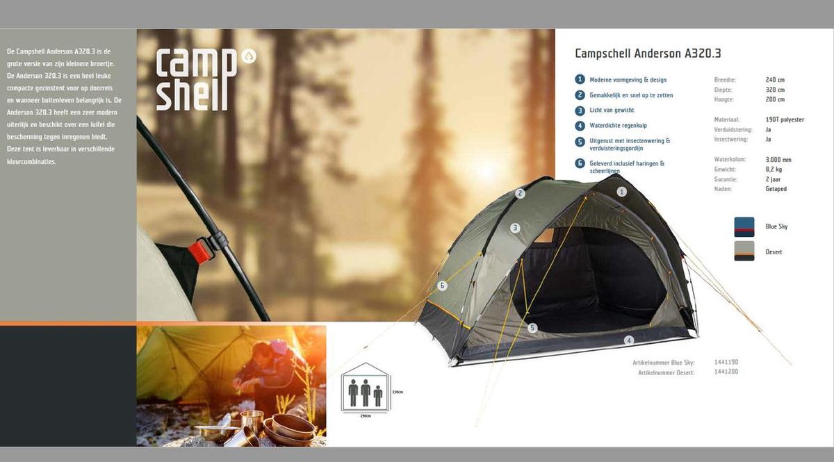| CampShell Anderson Koepeltent 3 Persoons Blue Sky CampShell Anderson A320 3 Persoons Tent Blauw kopen
