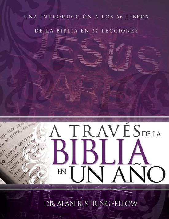 Couverture de livre avec le texte 'Jesus' et 'A través de la Biblia en un año' en lettres violettes.