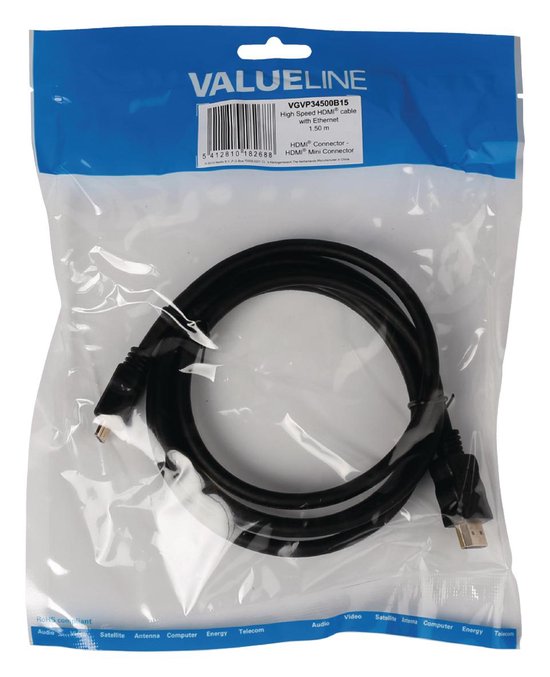 Valueline High Speed HDMI-kabel met ethernet - HDMI naar HDMI mini-connector - 1,50 m - zwart - Valueline