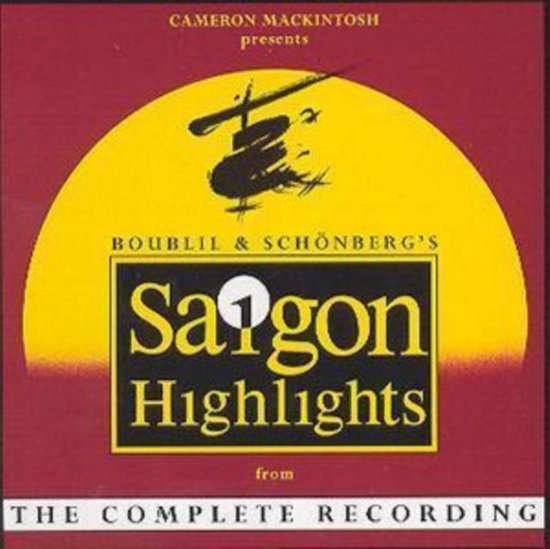 Albumhoes voor de musical 'Miss Saigon Highlights' met een gele halve cirkel en de tekst 'Saigon Highlights' in geel en wit.
