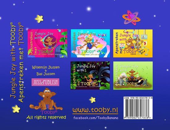 Achterkant van het boek 'Apenstreken met Tooby'. Toont zes boekcovers met de aap Tooby en flamingo.