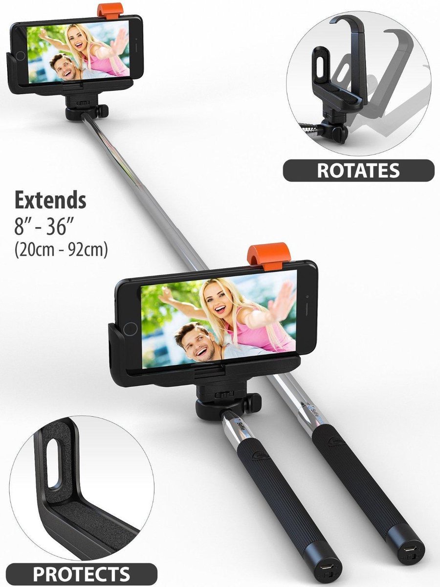 Ntech - Selfie Stick Draadloos Met Bluetooth voor iPhone 7 / 7 Plus / 6 / 6S / 6 Plus / 6S Plus / SE / 5S / 5C / - Zwart