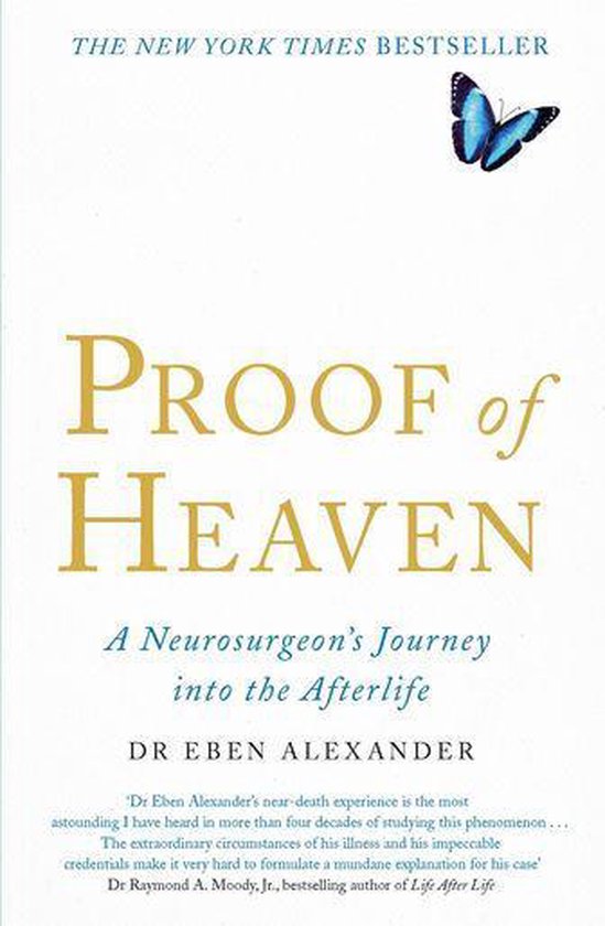 Boek "Proof of Heaven" met blauwe vlinder en tekst in het goud.