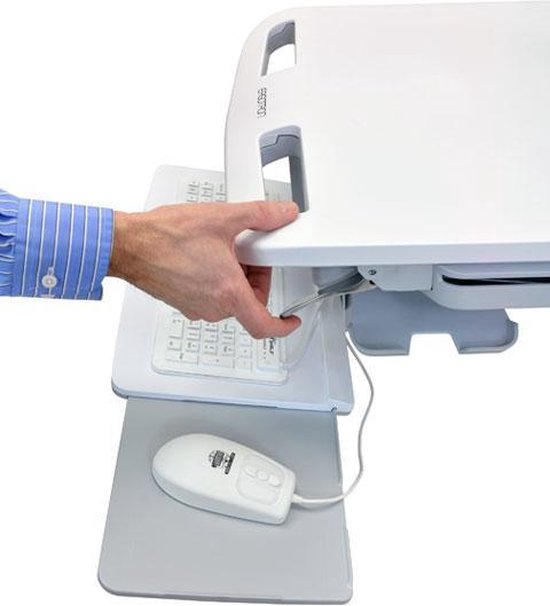 Medische ergonomische zorgwagen met zit-sta hoogteverstelling, LCD scherm, toetsenbordverstelling wit