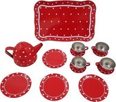 Tinnen speelgoed serviesje rood met witte stip in doos