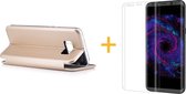 iCall - Samsung Galaxy S8 - Lederen Wallet Case Goud + Screenprotector Transparant (3D) - Portemonnee Hoesje met Magneet sluiting - Book Case - Flip Cover - Klap - 360 beschermend