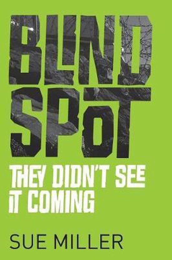 Boekcover met de titel 'Blind Spot' en 'They Didn't See It Coming' in gestileerde letters op een groene achtergrond. Auteur: Sue Miller.