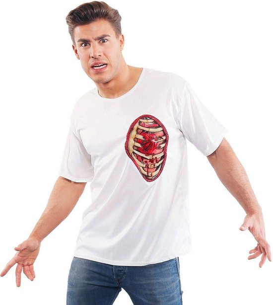 Widmann - Zombie Kostuum - T-Shirt Met 3d Ribbenkast En Hart Man - Wit / Beige - XL - Halloween - Verkleedkleding