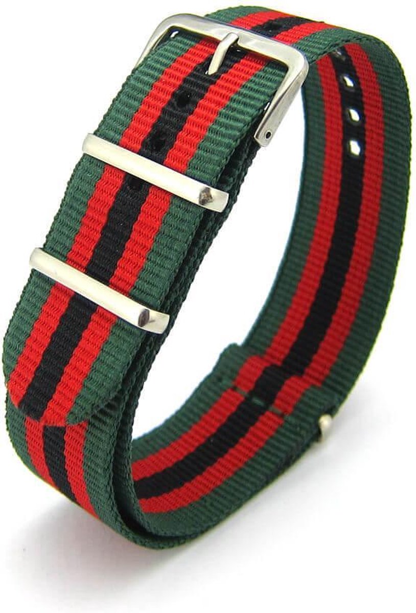 Premium Green Red Black - Nato strap 16mm - Stripe - Horlogeband Groen Rood Zwart