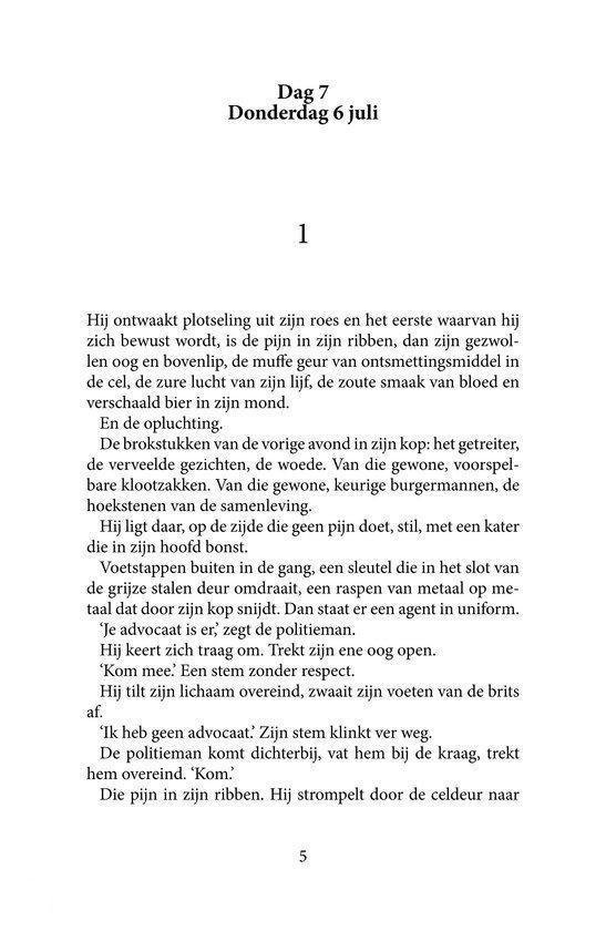 Pagina met proza, beschrijft een personage dat wakker wordt en een gesprek voert met de politie.