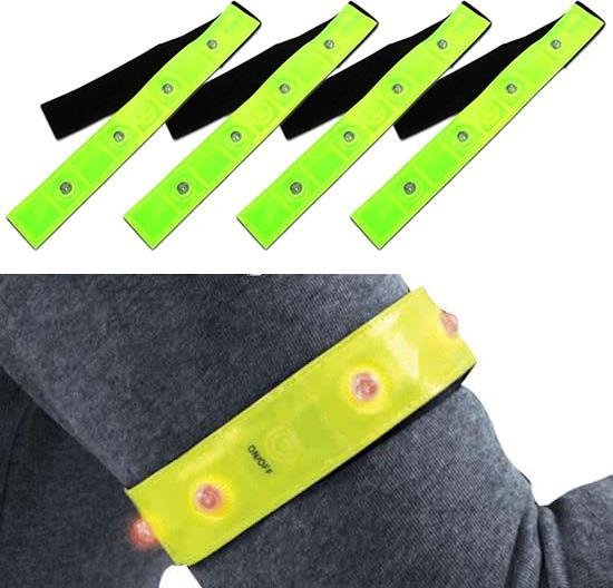 4-Pack Waterdichte Lichtgevende LED Veiligheidsbanden Inclusief Batterijen - 4 Stuks – Geel / Rood - 25x13x2cm | Knipperend of Brandend Licht Voor Arm en Been | Klittenband Armband en Beenband | Knipperende Hardloopband | Veilig Hardlopen Band