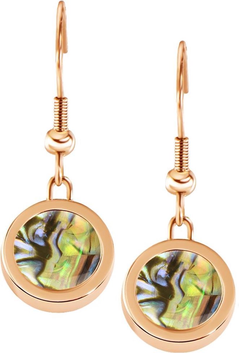 Quiges RVS Schroefsysteem Oorhangers Oorbellen Rosékleurig met Verwisselbare Multi Groen Schelp Mini Munt Set - ECOS007