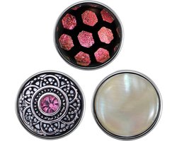 Quiges - Chunk 18mm Click Button Drukknoop Set van 3 Stuks Roze met Zirkonia & Schelp - EBCMSET002
