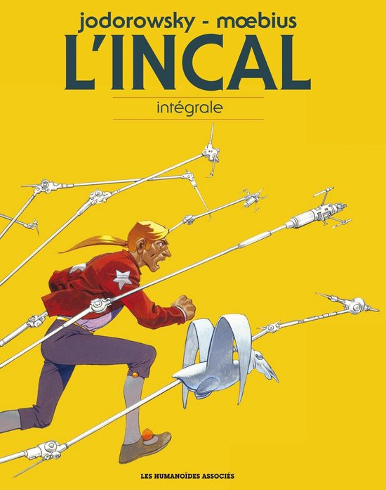 L'Incal intégrale, par Jodorowsky et Moebius, présente un personnage courant en veste rouge à étoiles et pantalon violet, entouré de machines futuristes sur fond jaune.