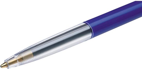 Gouden balpunt op een blauwe BIC balpen met zilveren punt.