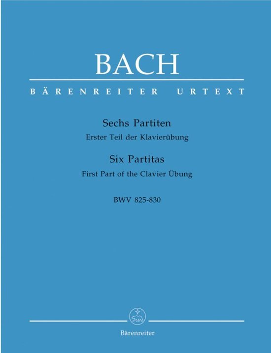 Blauwe bladmuziekcover van Bach, Zes Partita's, Bärenreiter Urtext, BWV 825-830.