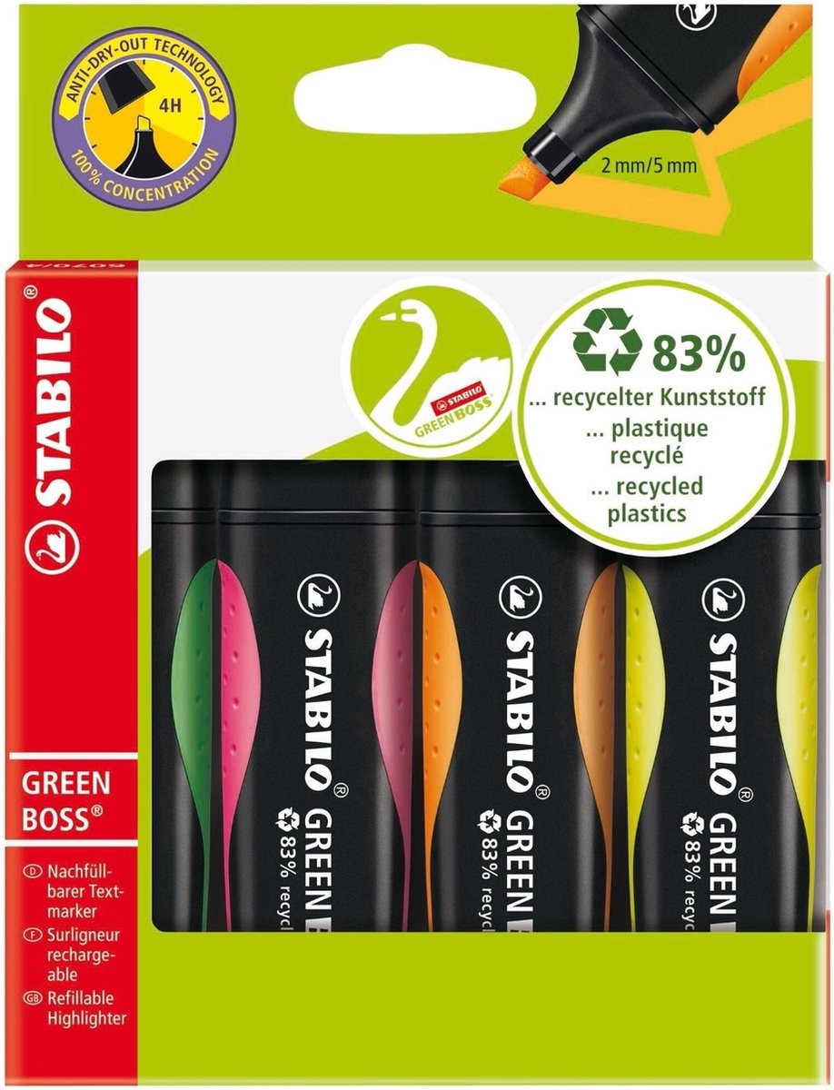 Markeerstift stabilo green boss 6070/4 ass - 5 stuks
