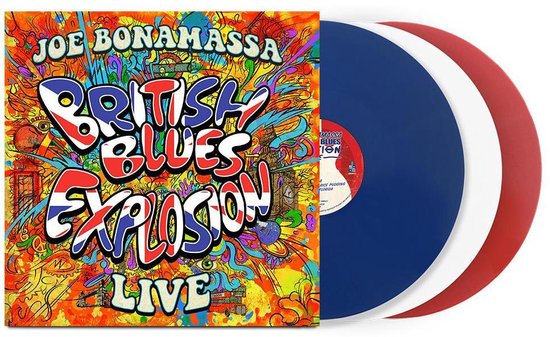 Albumcover voor "Joe Bonamassa British Blues Explosion Live" met de Britse vlag in de titel. Drie vinylplaten: rood, wit en blauw.
