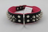 Dog's Companion - Leren halsband - met spikes - Zwart/Roze - 60-73cmx50 mm - Lengte: 75cm (50 mm), Kleur: Zwart / Roze