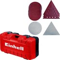 Een rode koffer met het Einhell-logo, met daarboven diverse schuuraccessoires: ronde en driehoekige schuurvellen.