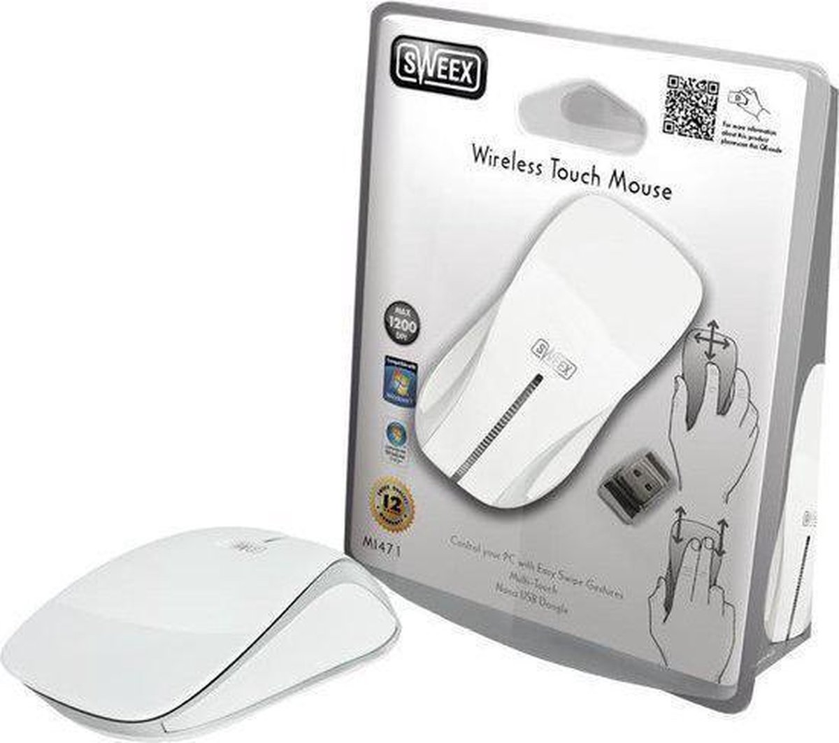 Wireless Touch Mouse. White. 1200 dpi. Swipe