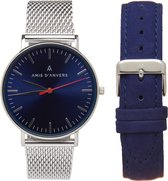 Amis d'Anvers The Blue One GIFT SET - Horloge - Staal - Blauw en Zilver met 2 straps - Ø 40 mm