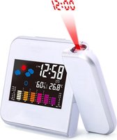 Projectie Wekker met snooze, datum, vochtigheid, comfort indicator en temperatuur geschiedenis.