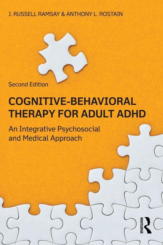 Boekomslag: "Cognitive-Behavioral Therapy for Adult ADHD" met puzzelstukjes op een oranje achtergrond. Titel in het Engels.