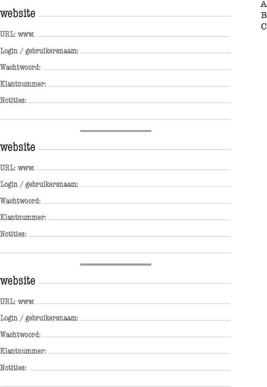 Binnenpagina met invulvelden voor websitegegevens en een alfabetische index aan de rechterkant.