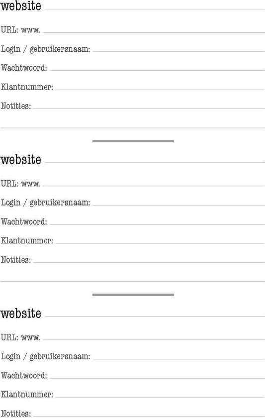 Binnenpagina van een wachtwoordennotitieboek met invulvelden voor website, URL, gebruikersnaam, wachtwoord en notities.