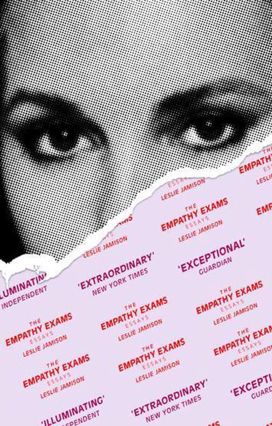 Boekomslag van The Empathy Exams van Leslie Jamison met close-up van ogen en herhaalde rode tekst op lichtpaarse achtergrond.