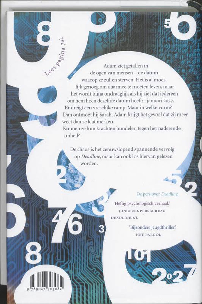 Boekomslag met de titel 'De chaos'. Grote witte cijfers en blauwe circuitpatronen op donkere achtergrond. Tekst bevat recensies.
