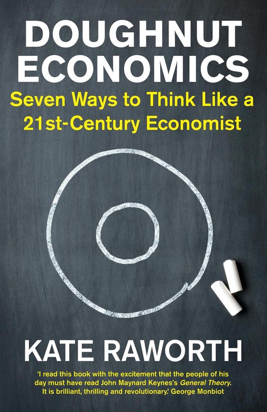 Couverture du livre 'Doughnut Economics' avec le titre, l'auteur Kate Raworth et un beignet dessiné.