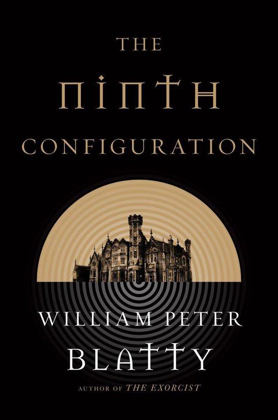 Couverture du livre "The Ninth Configuration" en lettres dorées, avec une image d'un manoir victorien.