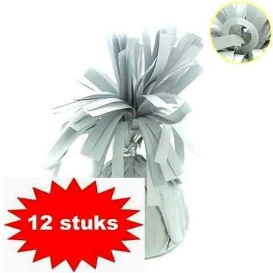 Wit ballonaccessoire met een gewicht en slierten, met een rode ster met '12 stuks'.