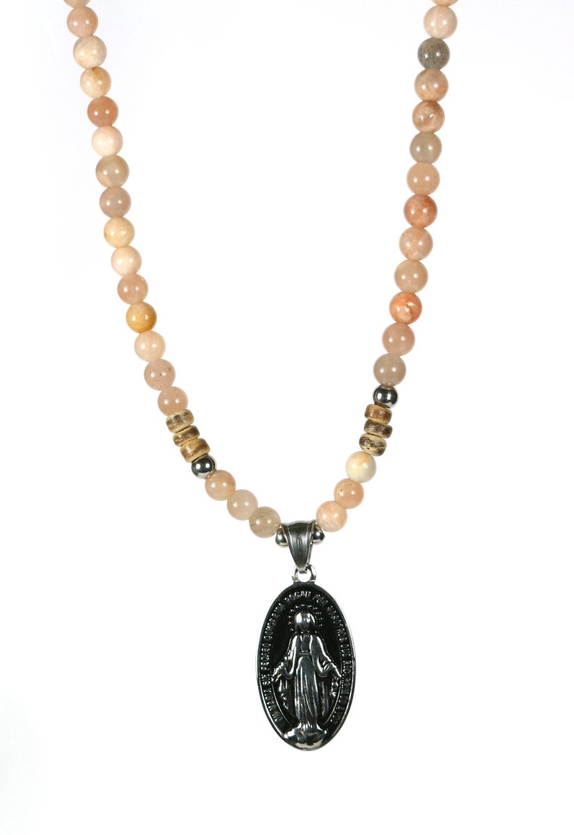 Chique - ketting Sunstone natuurstenen - met een roestvrijstaal maria - lengte 80cm