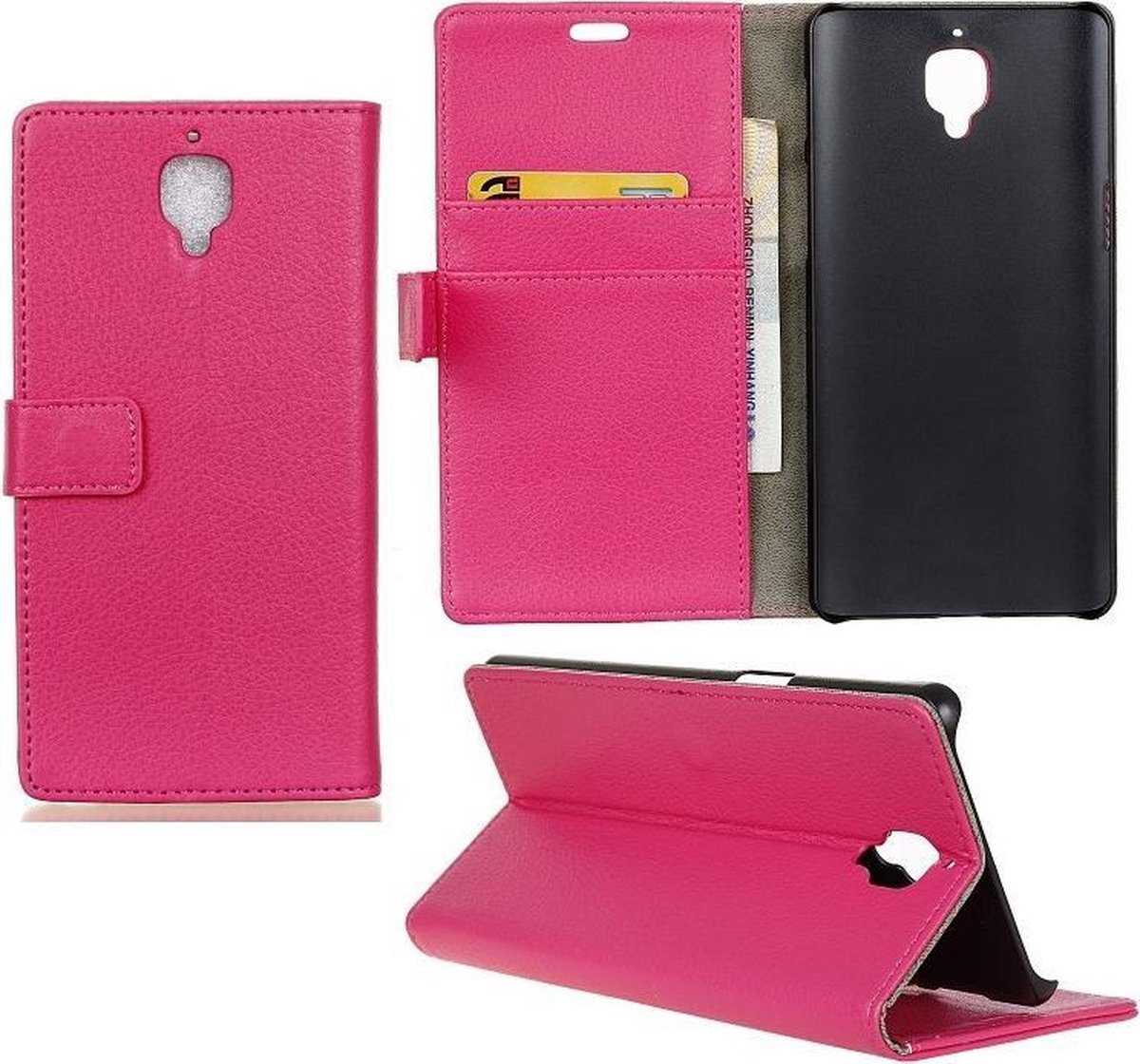 Litchi cover roze wallet case hoesje Oneplus 3