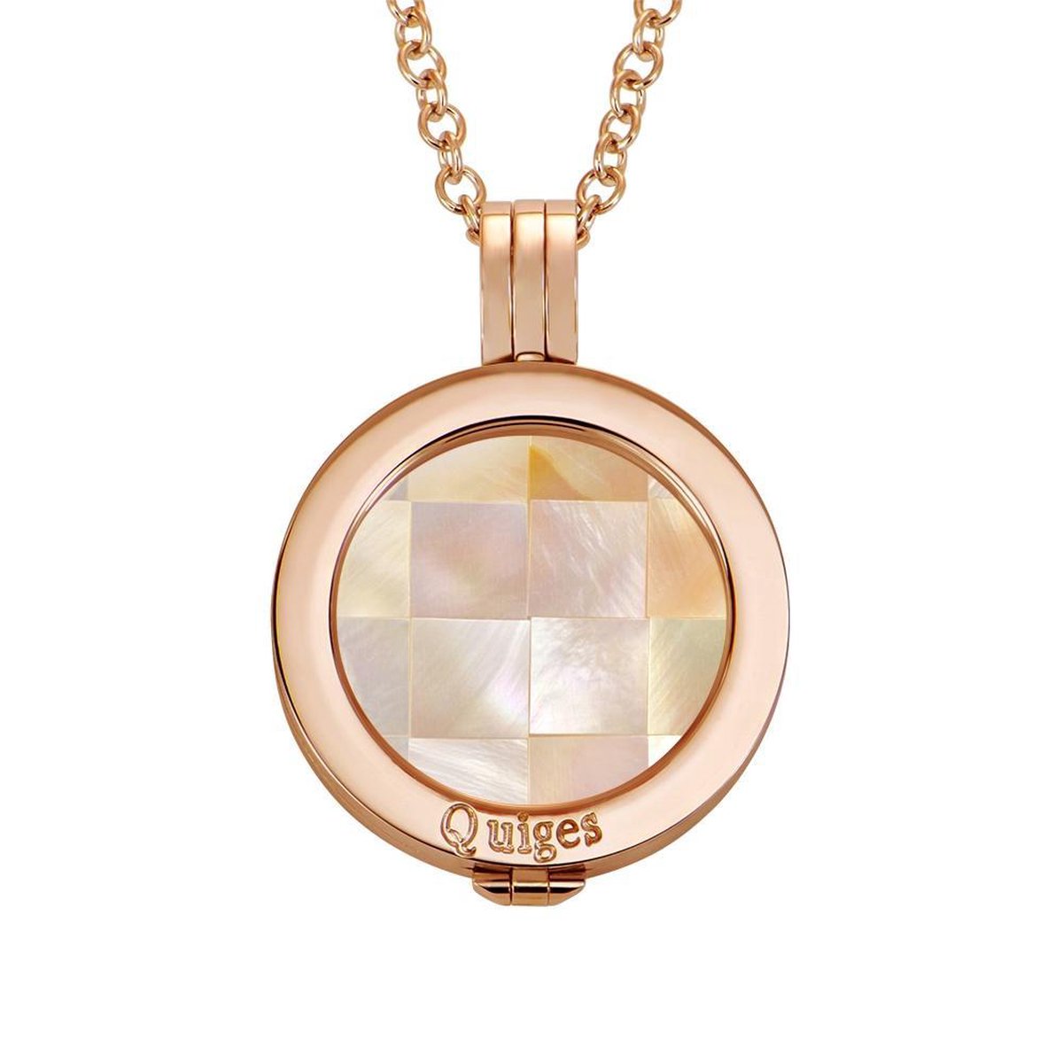 Quiges Munthouder met Ketting en Munt 25mm Schelp Blokjes Creme - RVS Roségoudkleurig - EPRHZ223