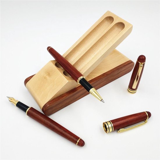 Houten pennen met houten pennenhouder - Vulpen en duo - Perfect schrijfgemak | bol.com